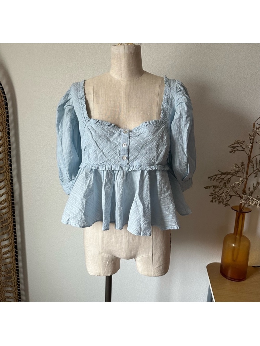 Free People Leave It To Me Babydoll Crop Square Neck Top Blue Tan size Small - Picture 3 of 7